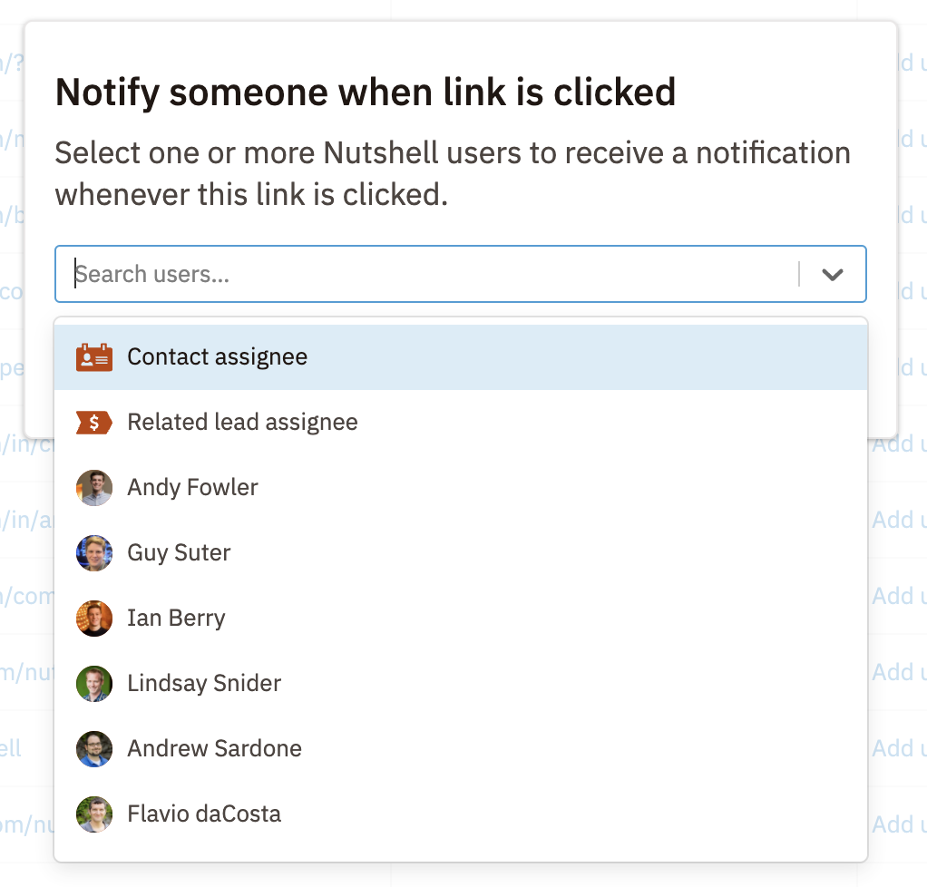Select users to receive link clicked notifications